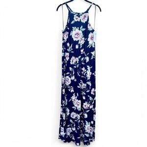 French Grey Dress Size Large Blue Floral Maxi Halter Neck Sleeveless NWT